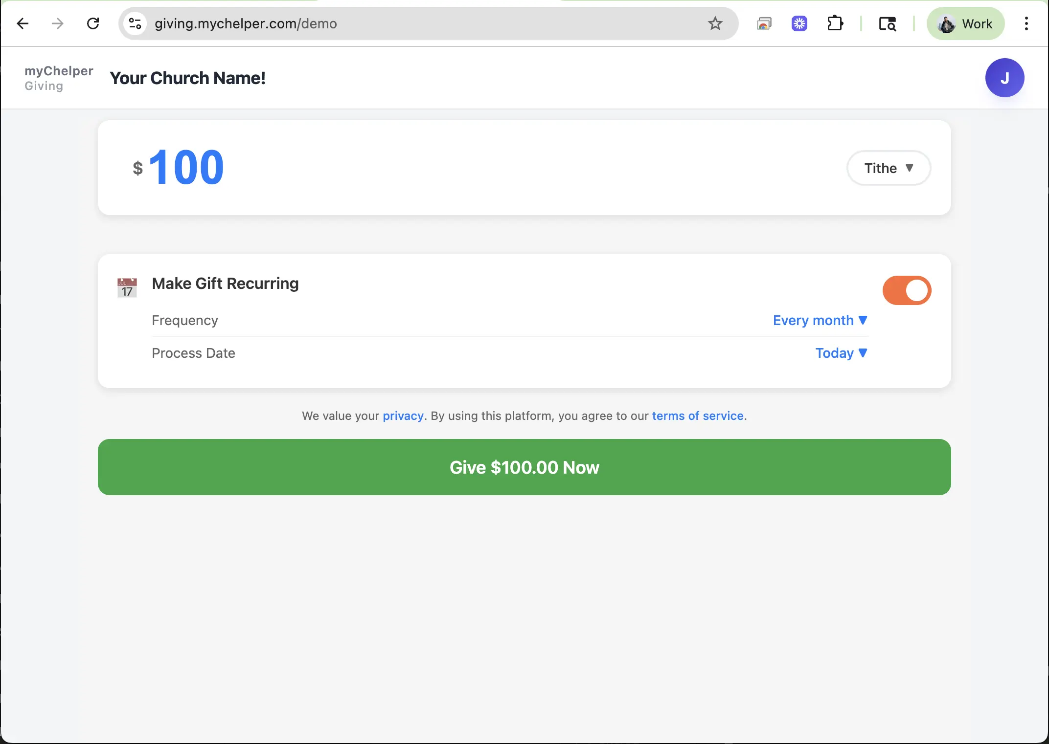 MyChelper Giving web platform